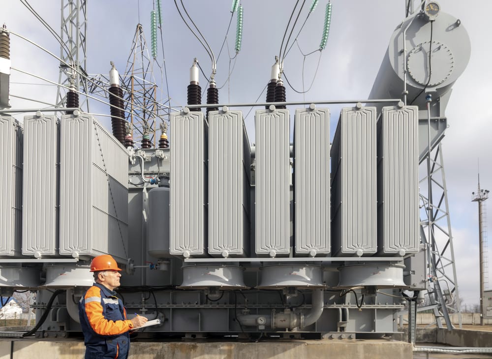 An engineer working at a substation. power distribution switchgear equipment condition check